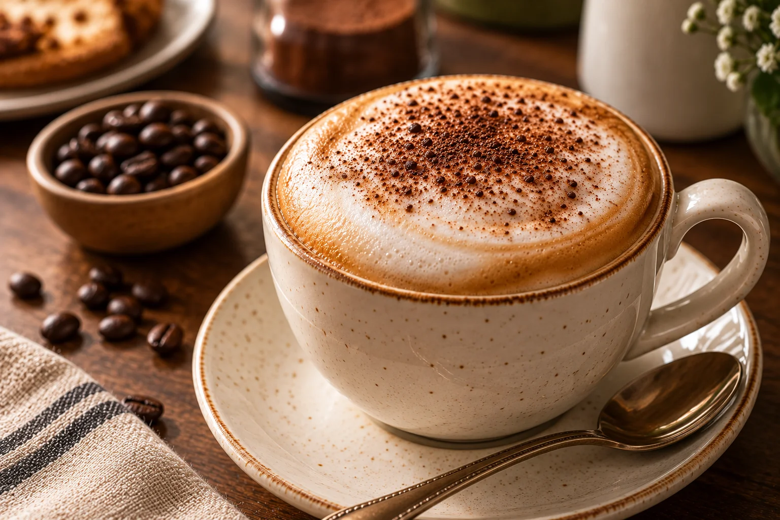 Close-up of microfoam on a freshly steamed cappuccino at Sayfani