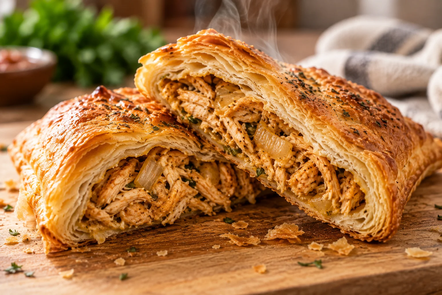 Flaky Sayfani chicken pastry filled with seasoned shredded chicken and Middle Eastern spices