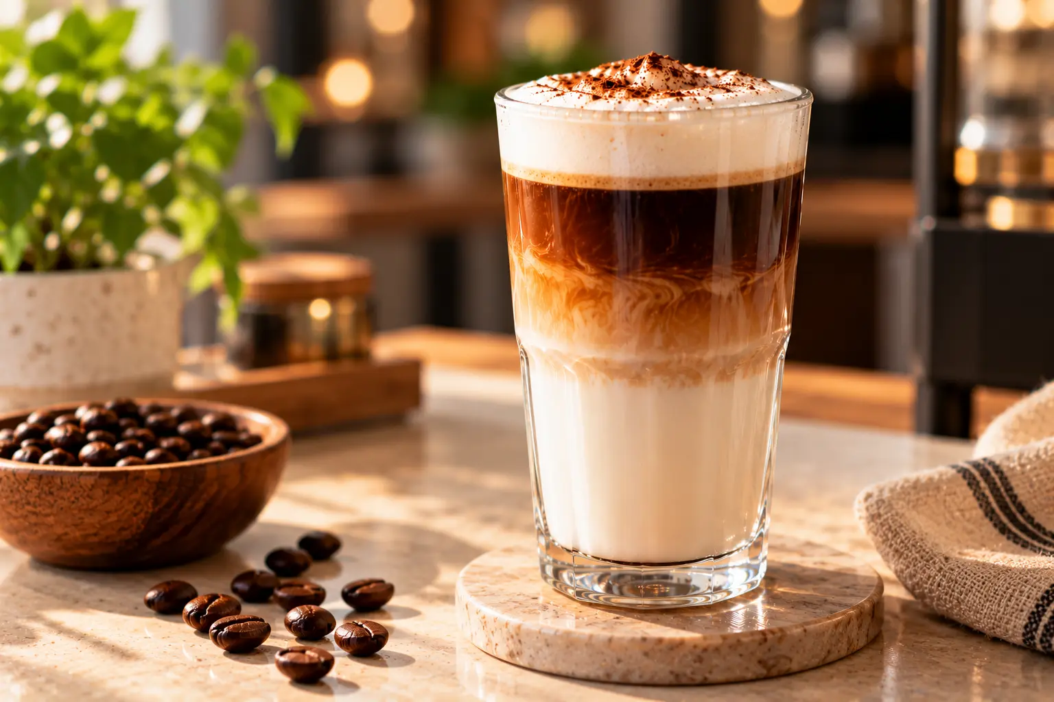Layered latte macchiato with espresso poured over steamed milk at Sayfani