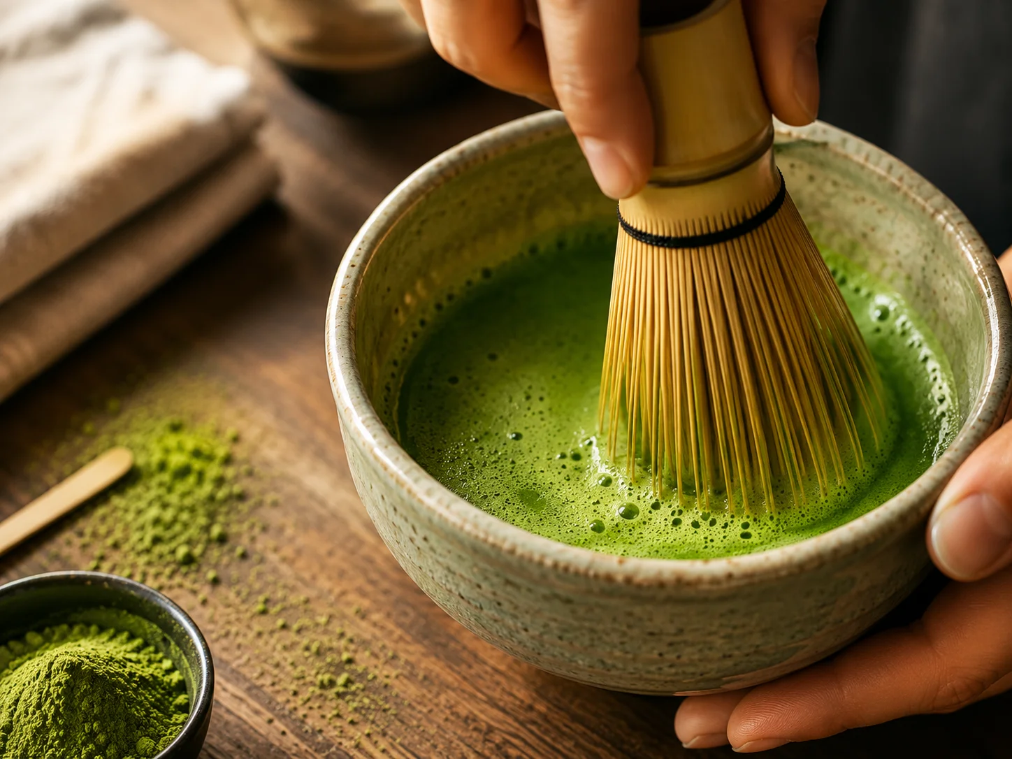 Whisking ceremonial grade matcha latte at Sayfani Coffee House Coppell