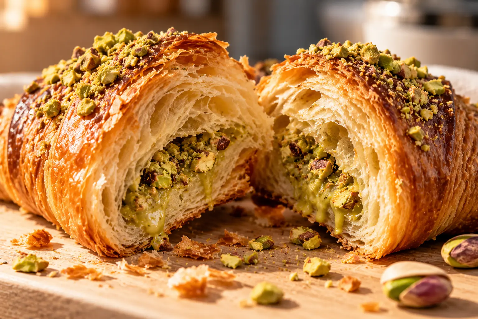 Flaky laminated layers of a freshly baked pistachio croissant at Sayfani