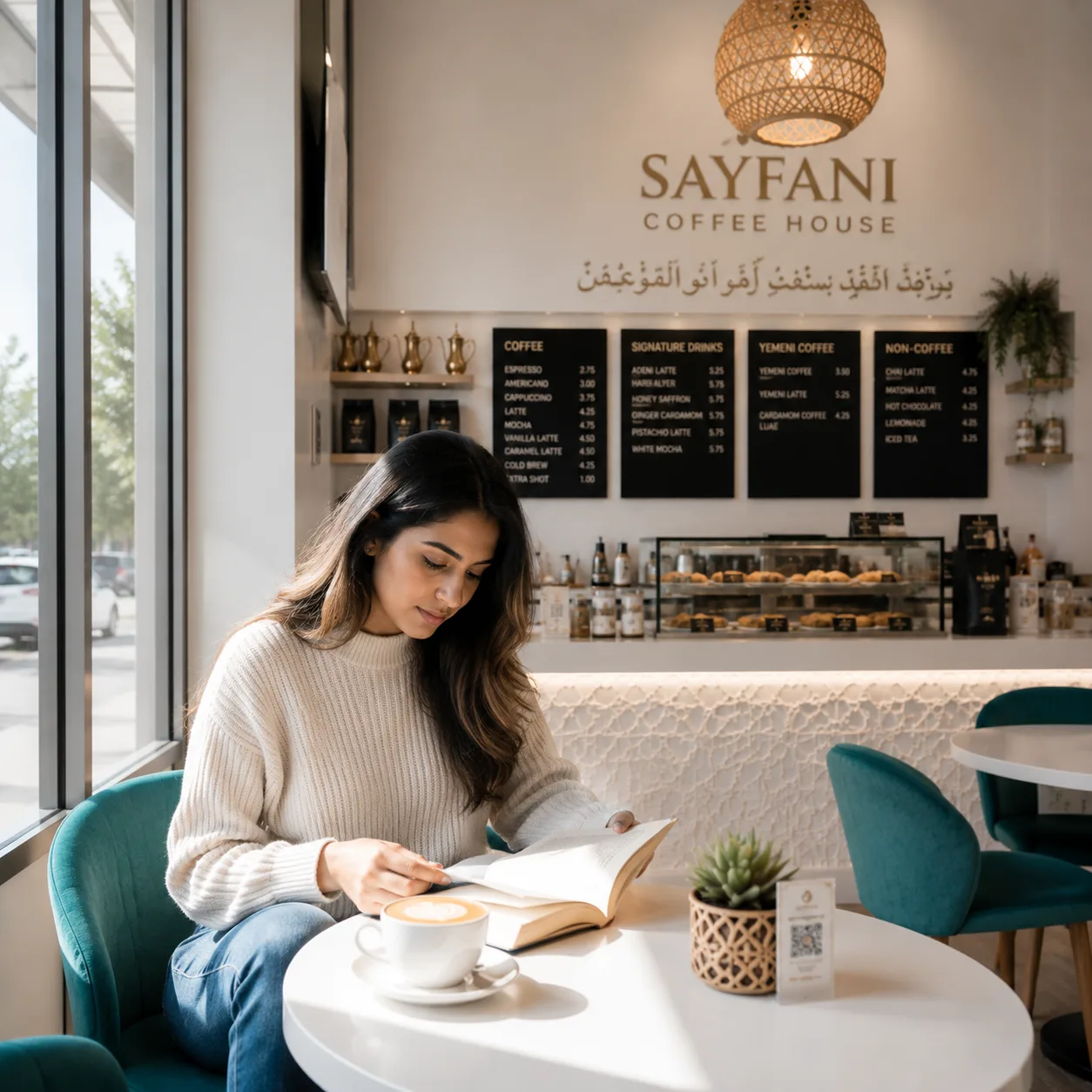 Customer reading a book with a latte at Sayfani Coffee House