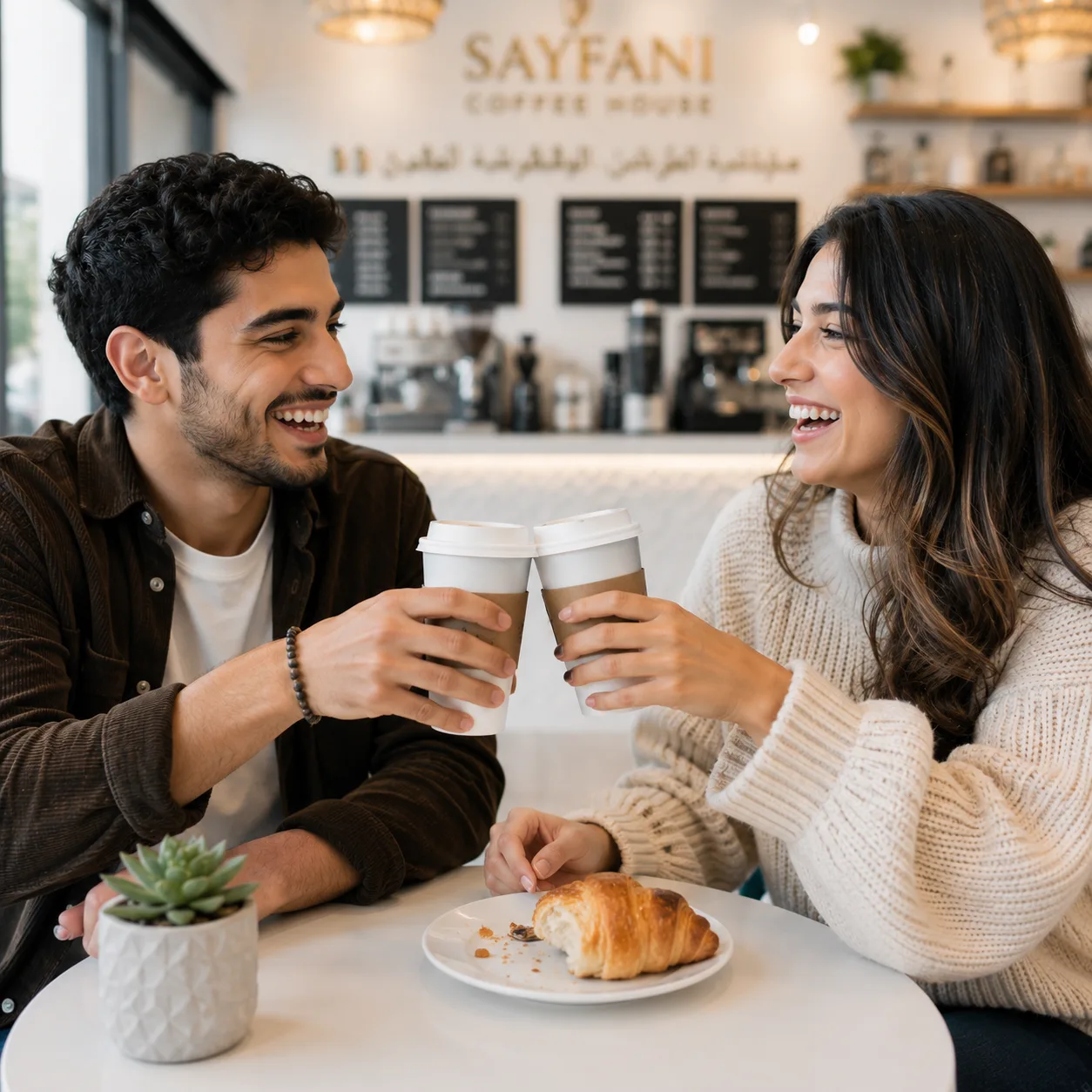 Friends laughing and enjoying coffee together at Sayfani
