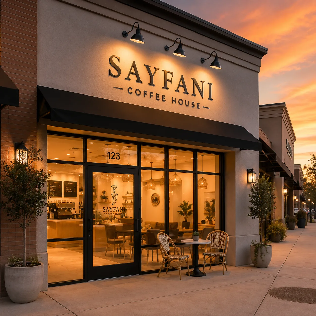 Sayfani Coffee House storefront glowing warmly at golden hour